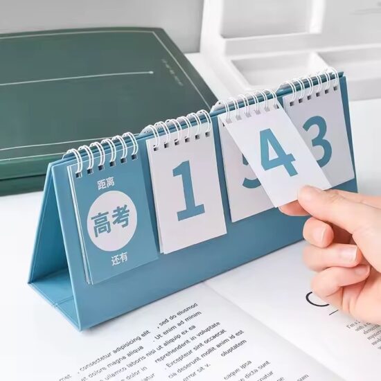 Writable desk calendar with daily planning layout and custom logo

