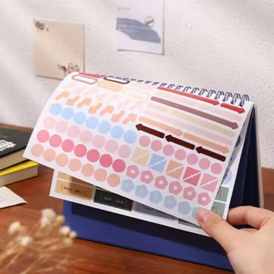 Writable desk calendar with daily planning layout and custom logo

