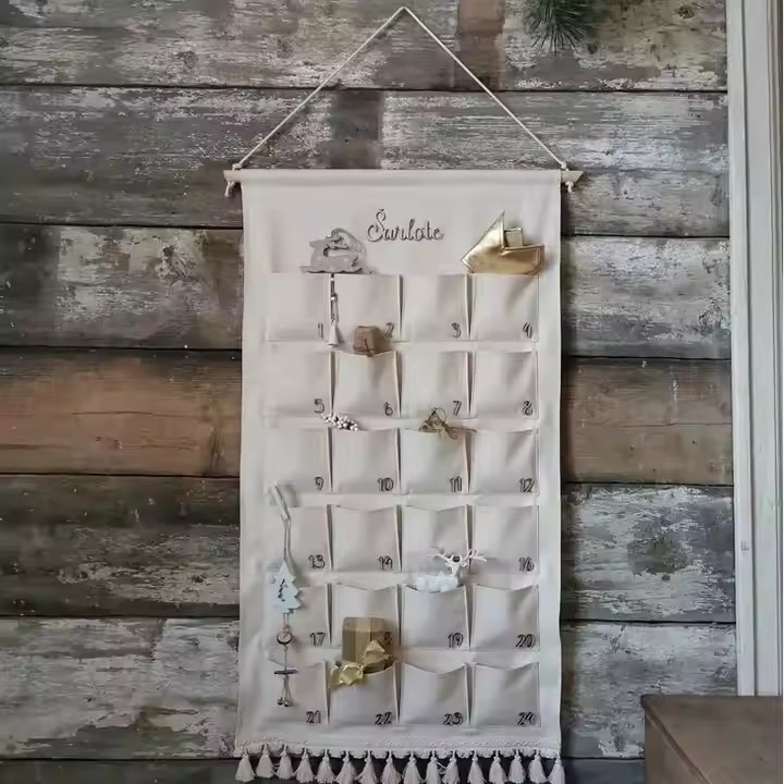 Canvas wall pocket calendar organizer with monthly layout and storage compartments