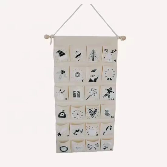 Canvas wall pocket calendar organizer with monthly layout and storage compartments