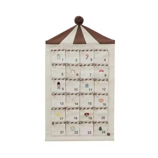 Canvas wall pocket calendar organizer with monthly layout and storage compartments