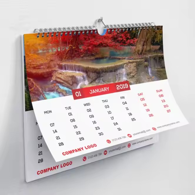 Custom printed home poster calendar with monthly grid and colorful design