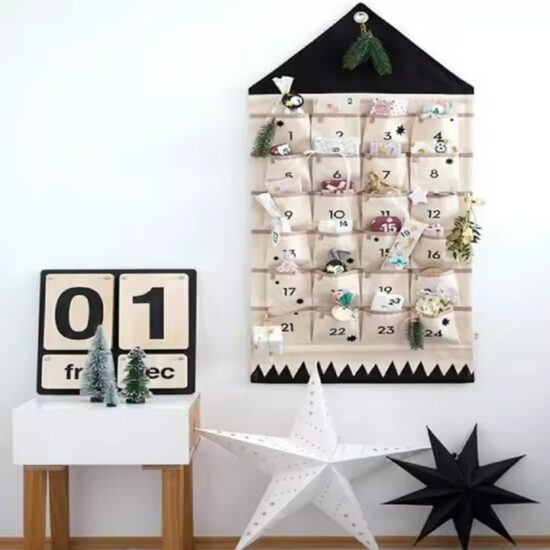Custom fabric wall hanging Christmas calendar with numbered countdown pockets