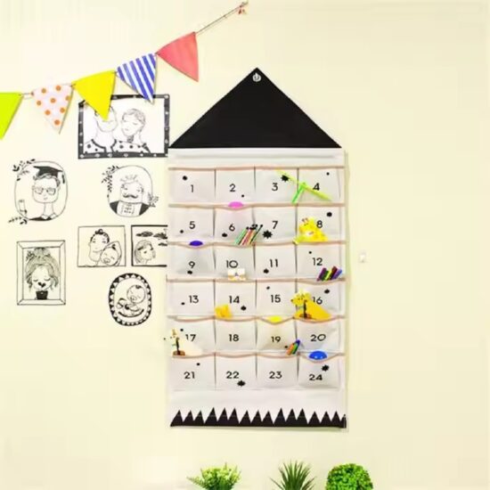 Custom fabric wall hanging Christmas calendar with numbered countdown pockets