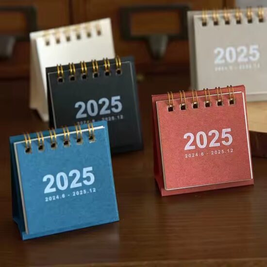 Custom desktop pocket calendar with foldable stand and stitched fabric pockets