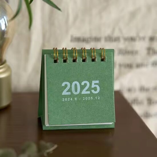Custom desktop pocket calendar with foldable stand and stitched fabric pockets