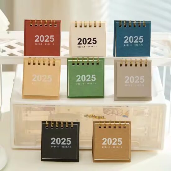 Custom desktop pocket calendar with foldable stand and stitched fabric pockets