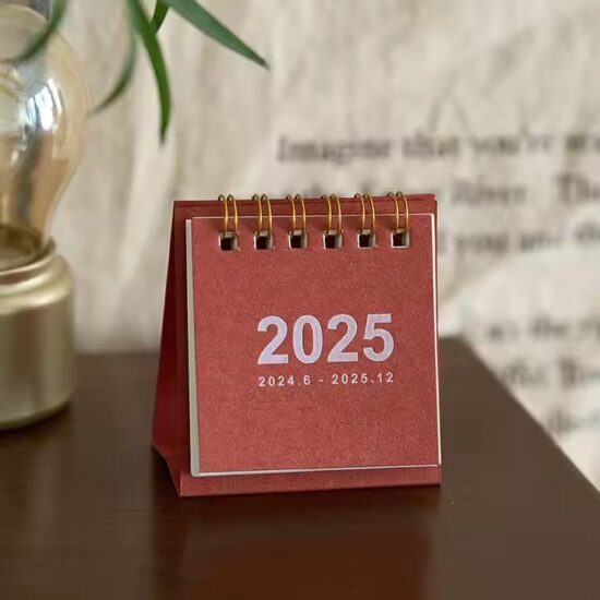 Custom desktop pocket calendar with foldable stand and stitched fabric pockets
