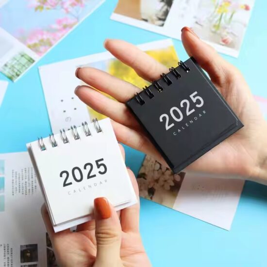 Custom desktop pocket calendar with foldable stand and stitched fabric pockets