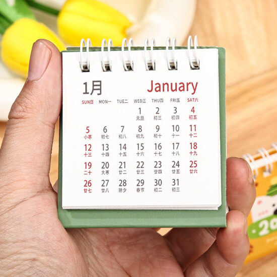 Custom desktop pocket calendar with foldable stand and stitched fabric pockets