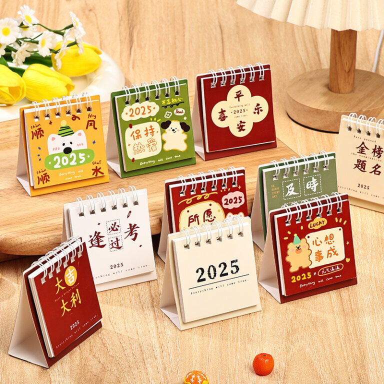 Custom desktop pocket calendar with foldable stand and stitched fabric pockets