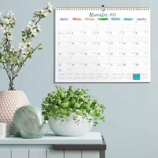 Custom printed monthly wall calendar with personalized design and logo