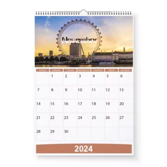 Custom printed monthly wall calendar with personalized design and logo