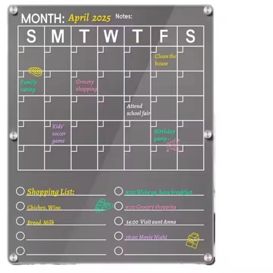 Transparent acrylic magnetic dry erase calendar board for refrigerator or office