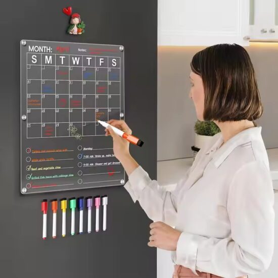 Transparent acrylic magnetic dry erase calendar board for refrigerator or office