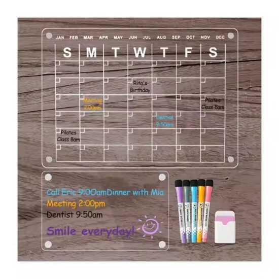 Transparent acrylic magnetic dry erase calendar board for refrigerator or office