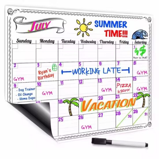 Custom printed magnetic dry erase planning calendar for fridge and wall use