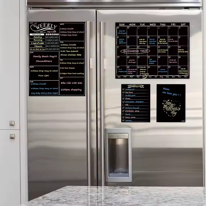 Stain-resistant magnetic weekly fridge calendar with dry erase surface