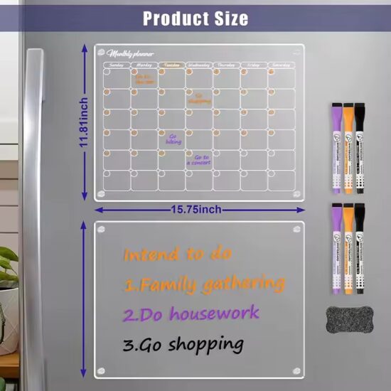Clear acrylic reusable magnetic calendar for kitchen or home organization


