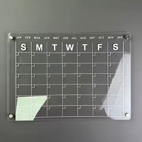 Clear acrylic reusable magnetic calendar for kitchen or home organization

