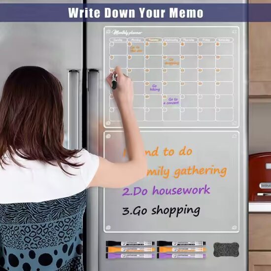 Clear acrylic reusable magnetic calendar for kitchen or home organization

