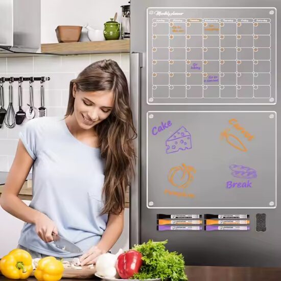 Clear acrylic reusable magnetic calendar for kitchen or home organization

