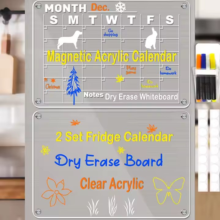 Clear acrylic reusable magnetic calendar for kitchen or home organization