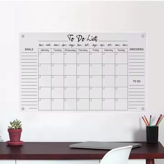 Clear acrylic wall-mounted magnetic dry erase calendar with custom design
